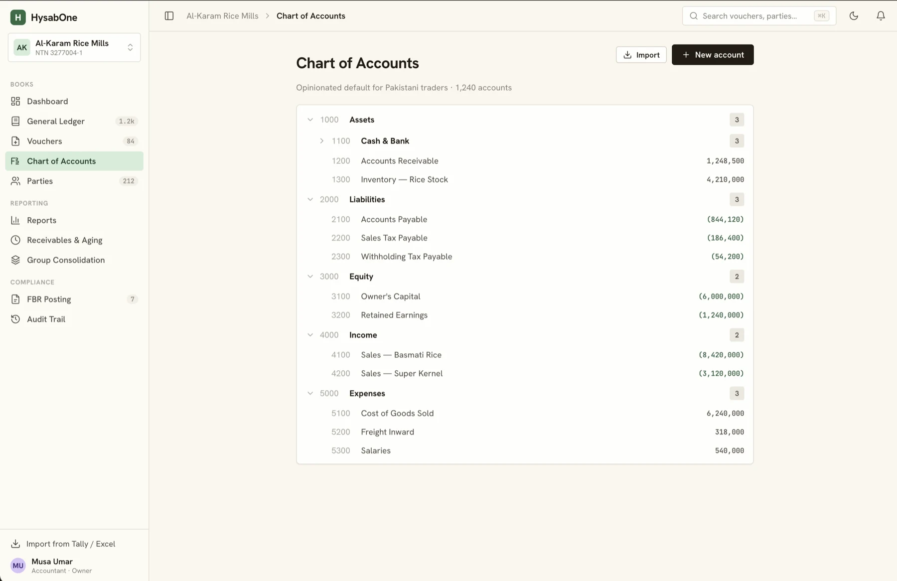HysabOne chart of accounts with assets, liabilities, equity, income and expense groups