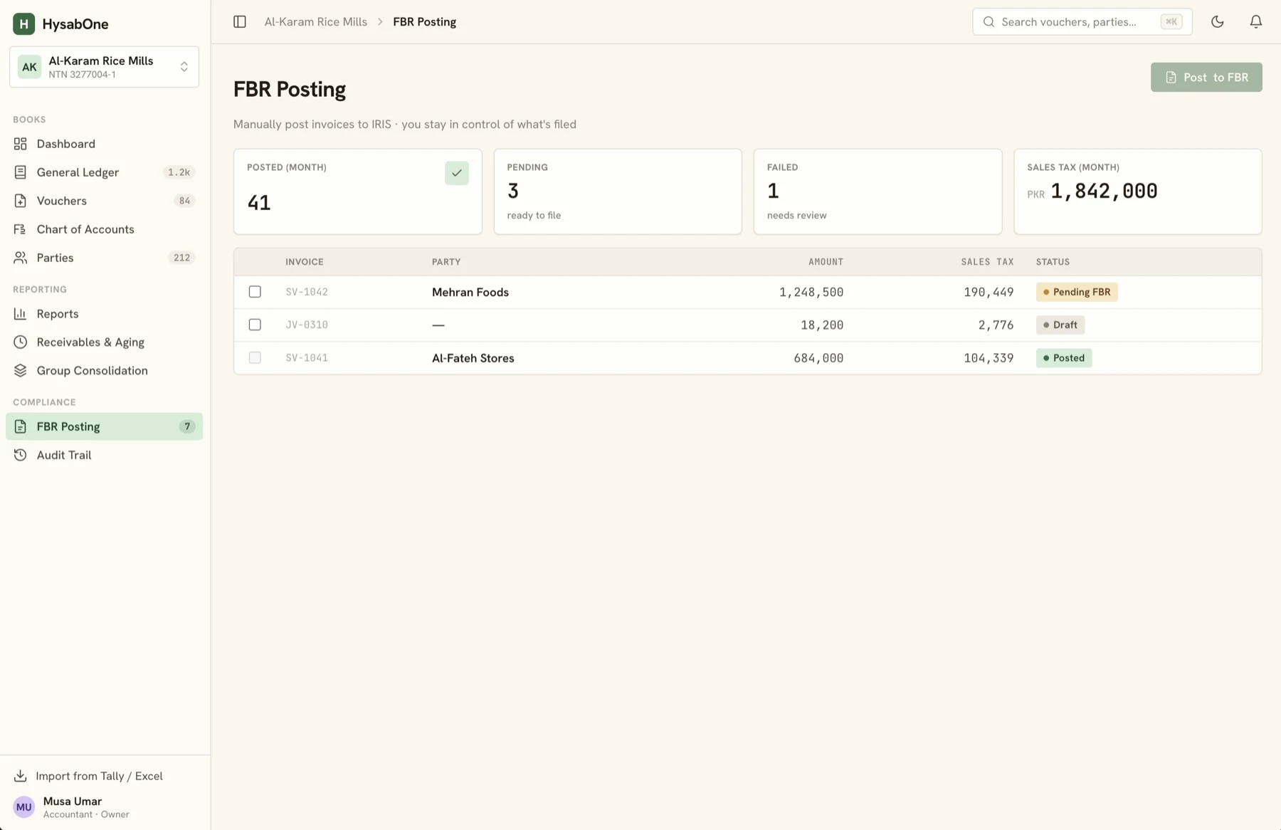HysabOne FBR posting screen showing invoices posted to IRIS, pending submissions and monthly sales tax