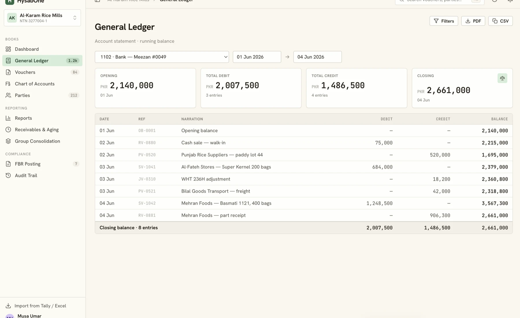 HysabOne general ledger screen showing an account statement with running balance, opening and closing totals