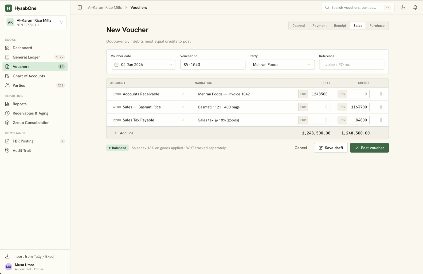 HysabOne new sales voucher screen with double-entry lines for accounts receivable, sales and sales tax payable