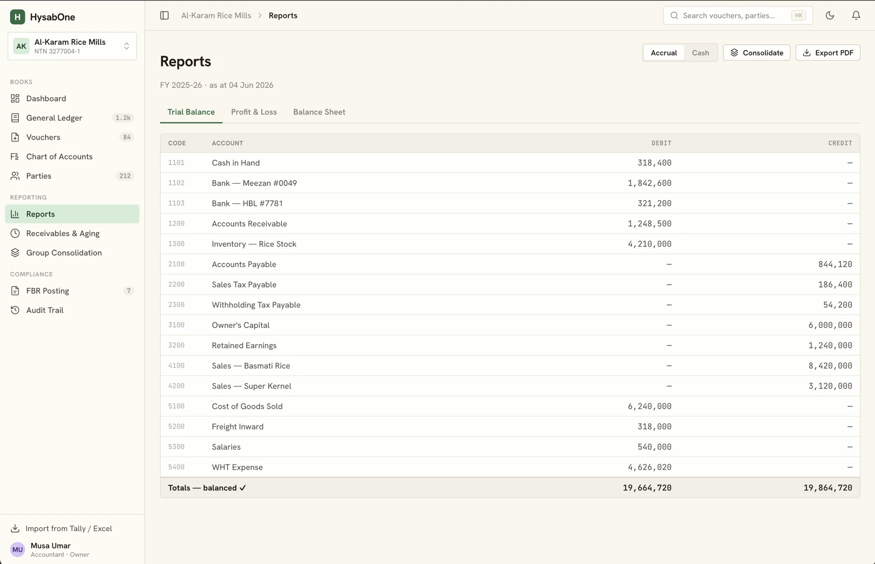 HysabOne trial balance report with balanced debit and credit totals per account